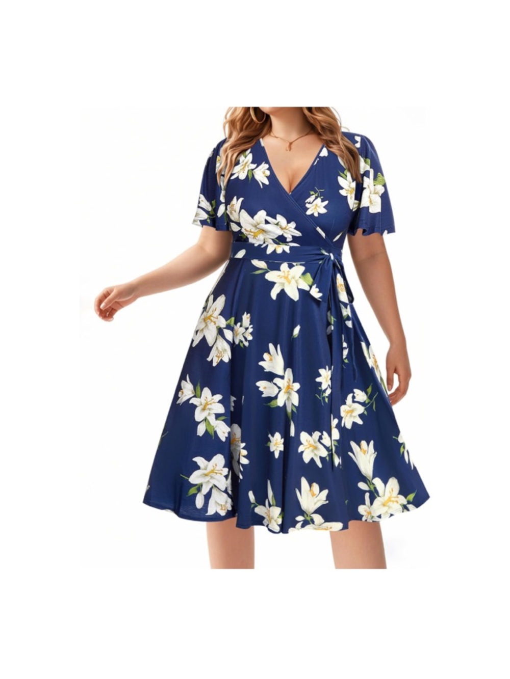 Pinup Couture Navy Floral Wrap Midi Dress with White Lily Print